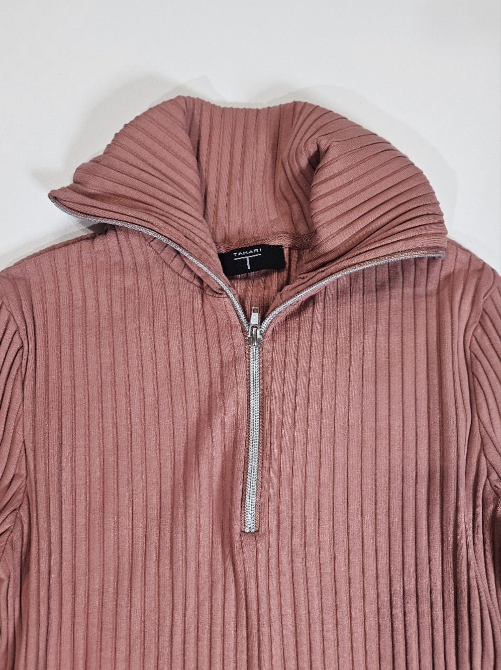 Tahari Ribbed Quarter Zip Sweater Womens Large Mauve Fitted Preppy Academia - Picture 6 of 7
